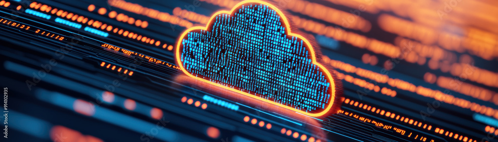Poster futuristic digital cloud computing concept with glowing binary code symbols on a circuit board, repr