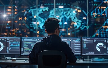Cybersecurity analyst at workstation monitoring multiple screen data and network activity in a modern command center with digital interface.