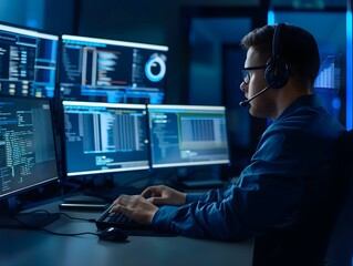 Cybersecurity professional monitoring multiple screens, ensuring data safety and system integrity in a dark, modern office environment.