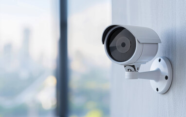 Modern surveillance camera mounted on a wall with urban city background, emphasizing security and safety in professional and residential areas.