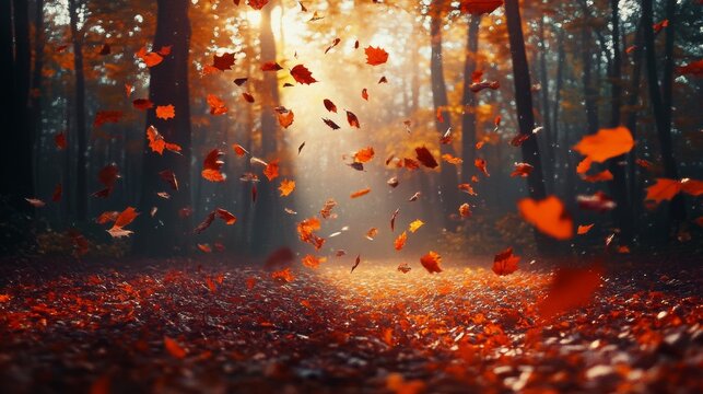 A forest with leaves falling from the trees