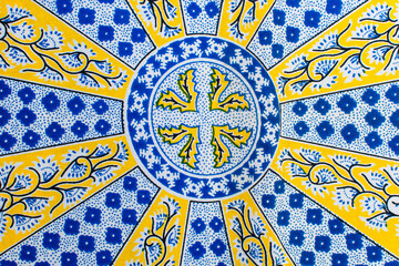 top view of blue and white ankara fabric, flatlay of nigerian wax cloth with designs, spread out blue and white ankara material