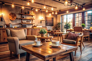 Cozy coffee shop interior with wooden tables, comfortable armchairs, and warm lighting, featuring a rewards board and a full coffee cup on a rustic wooden counter.