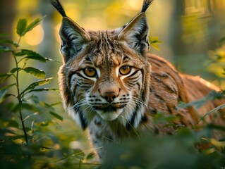 Obraz premium Stealthy Lynx Stalking Prey in the Lush Verdant Forest with Keen Eyes and Tufted Ears