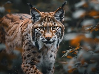 Fototapeta premium A Stealthy Lynx Stalking Through the Forest with Tufted Ears and Keen Eyes Focused on Its Prey Wildlife Portrait Concept
