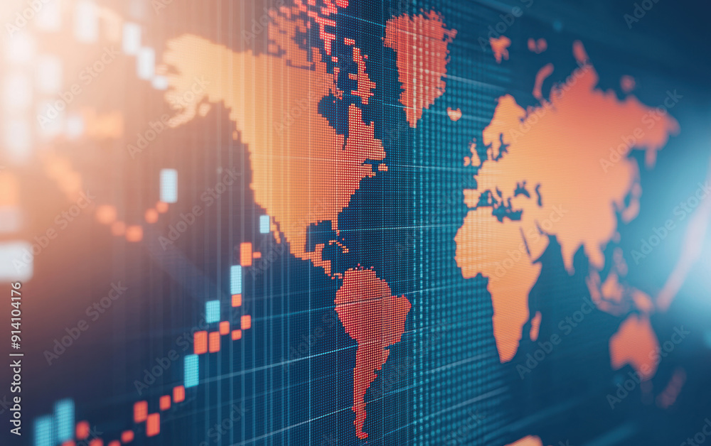 Poster digital world map with data overlay, showcasing interconnected continents and information flow. abst