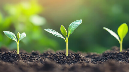 Young green seedlings growing in soil with blurred natural background, symbolizing new beginnings and growth in a healthy environment.