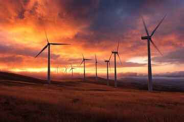 Obraz premium Wind turbines stand tall across a golden field under a brilliant sunset sky, capturing the essence of renewable energy and natural beauty in a serene landscape.