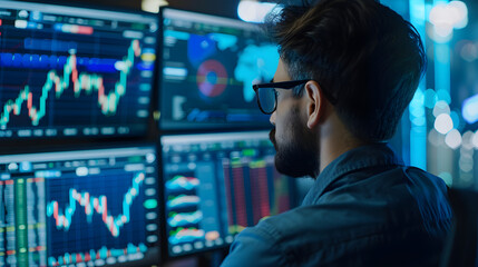 Trader monitoring social media for market trends, analyzing sentiment to make informed investment decisions.