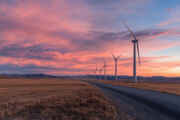 Obraz premium Rows of wind turbines are aligned along a peaceful road during sunset, showing the harmony between renewable energy infrastructure and the calm countryside landscape.