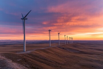 Obraz premium Wind turbines are stationed along rolling hills beneath a sunset sky, symbolizing the blend of innovative renewable energy technology with timeless natural landscapes.