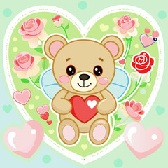 Fototapeta premium Cute Angel Bear with Heart and Roses for Valentine's Day