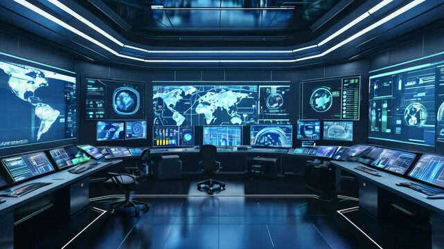 Explore a high-tech command center featuring advanced monitoring systems and interactive displays set in a modern facility designed for strategic operations