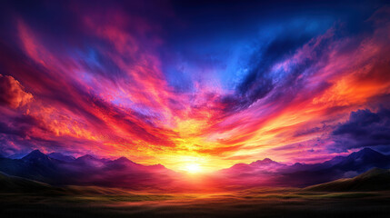 Obraz premium A beautiful sunset with a mountain range in the background. The sky is filled with vibrant colors, creating a serene and peaceful atmosphere