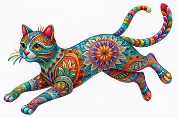 Fototapeta premium Whimsical cartoon cat leaping upwards, vibrant colorful illustration with intricate details, isolated on a pure white background as a transparent PNG element for design.