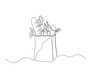 One continuous line drawing of grocery food bag with vegetables. vegetables in paperbag single line illustration.
