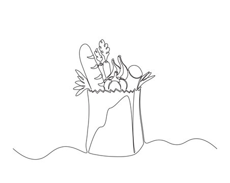 recommend clip art: One continuous line drawing of grocery food bag with vegetables. vegetables in paperbag single line illustration.