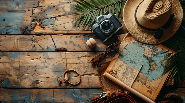 A neatly arranged spread of travel essentials including a passport, camera, sunglasses, map, and hat, set on a wooden table with ample space for text in the middle, capturing a minimalist and organize