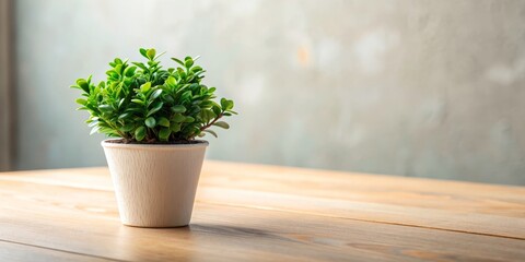 Fototapeta premium Small potted green mini plant with delicate curved leaves and subtle texture, placed on a table or shelf, bringing freshness to a modern room decor.
