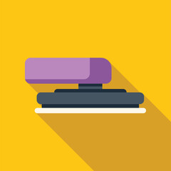 Purple and gray stapler lying on a yellow background with a long shadow