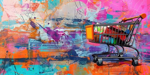 Obraz premium Shopping cart filled with colorful boxes on abstract background.