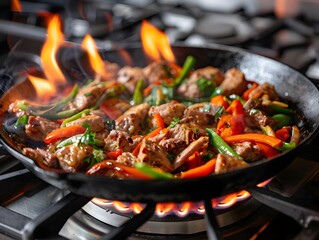 Sizzling Cast Iron Frying Pan on a Gas Stovetop Filled with Savory Meat and Fresh Vegetables
