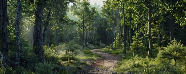 Obraz premium Serene forest with a hidden trail, 4K hyperrealistic photo