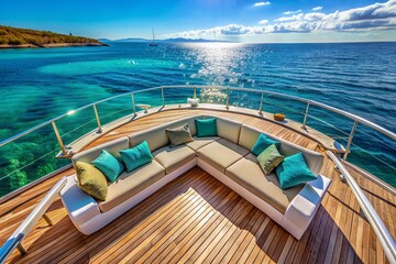 Fototapeta premium Luxurious yacht deck with comfortable seating area, sailing through calm turquoise waters, perfect for romantic getaways and relaxation, copy space available.