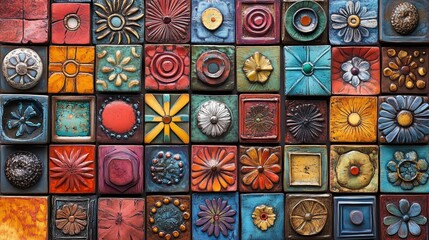 Fototapeta premium A vibrant collection of square ceramic tiles, each showcasing unique floral designs and intricate textures.