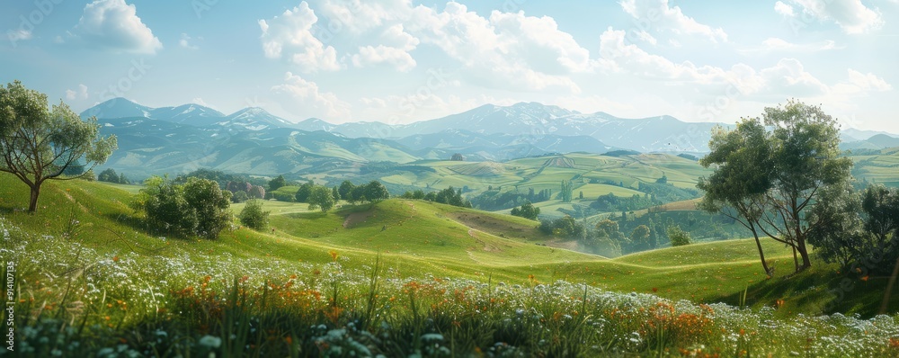 Wall mural scenic countryside with rolling hills, 4k hyperrealistic photo