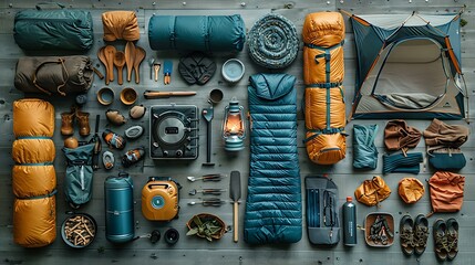 A well-arranged spread of camping essentials including a tent, sleeping bag, portable stove, lantern, and camping utensils, with a blank space in the center for text, styled with a clean and organized