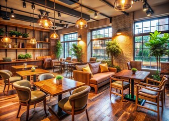 Fototapeta premium Cozy cafe atmosphere with vintage wooden tables, comfy armchairs, and warm lighting, inviting conversation and socialization, perfect for friendship and business meetups.