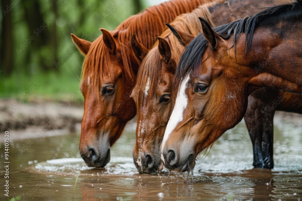 Wall mural three horses drinking water horse close up