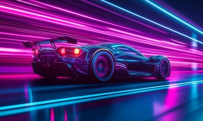 Obraz premium Futuristic Supercar Accelerating on Neon-Lit Highway: High-Speed Thrill with Colorful Light Trails. Dynamic Concept Vehicle Showcasing Power and Innovation in Cutting-Edge Automotive Design. 4K Illust