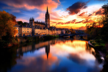 Fototapeta premium A beautiful sunset over a river with a bridge in the background. The water is calm and the sky is filled with warm colors
