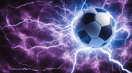 Fototapeta premium Flying Football with Lightning on Dark Background, Energy Flash and Light Effects, Dynamic Football Burst, Intense Light and Thunder Visual, High-Impact Sports Design, Dramatic Lightning and Ball