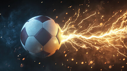 Fototapeta premium Flying Football with Lightning on Dark Background, Energy Flash and Light Effects, Dynamic Football Burst, Intense Light and Thunder Visual, High-Impact Sports Design, Dramatic Lightning and Ball