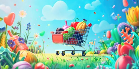A shopping cart full of colorful produce in a field