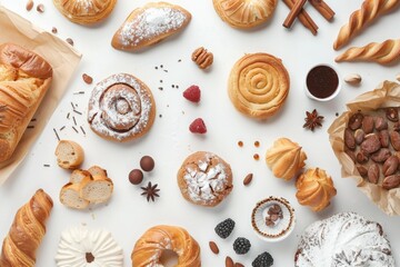 Top view of baked food on white background with baking paper collage