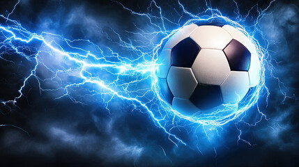 Fototapeta premium Flying Football with Lightning on Dark Background, Energy Flash and Light Effects, Dynamic Football Burst, Intense Light and Thunder Visual, High-Impact Sports Design, Dramatic Lightning and Ball