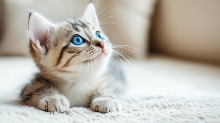 A close-up of a cute kitten with blue eyes resting on a soft, light-colored surface, looking upwards