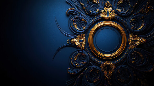 A blue and gold design with a gold frame