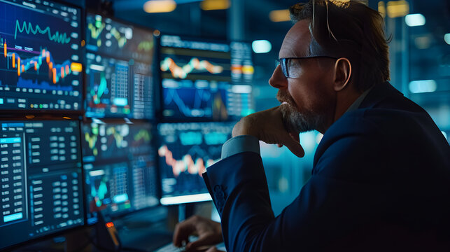 Stock trader focused on premarket and afterhours trading, analyzing data on multiple computer screens.