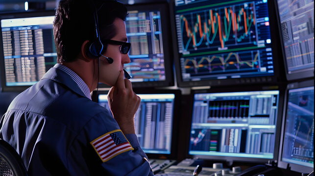 A man closely watches premarket and afterhours trading charts on multiple screens in the office.