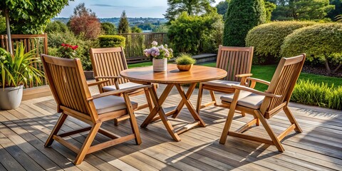 Obraz premium Elegant wooden patio set with matching tables and chairs, perfect for al fresco dining or relaxing on a serene balcony or outdoor living space.