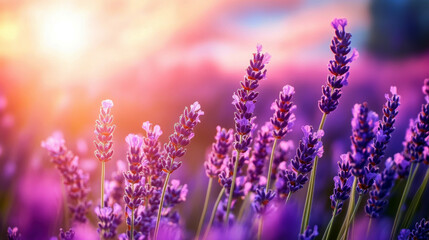 Obraz premium A field of purple lavender flowers with the sun shining on them