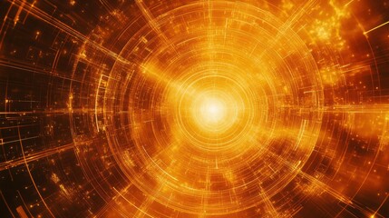 Obraz premium Abstract Golden Light Burst with Digital Patterns - Sci-Fi Data Technology Innovation Background