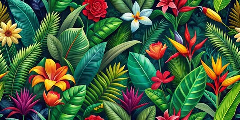 Naklejka premium Vibrant tropical foliage pattern with lush green leaves, exotic flowers, and bold colors creates a seamless wallpaper design infusing fashion with natural beauty.