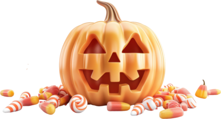 Jack-o'-lantern with Halloween candy, festive autumn illustration
