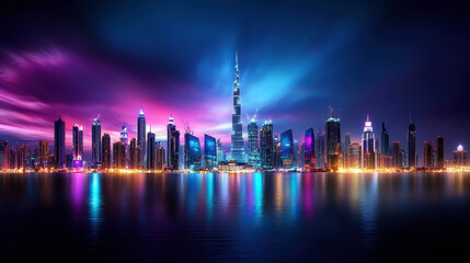 Fototapeta premium A city skyline with a large building in the middle. The sky is purple and the water is reflecting the city lights